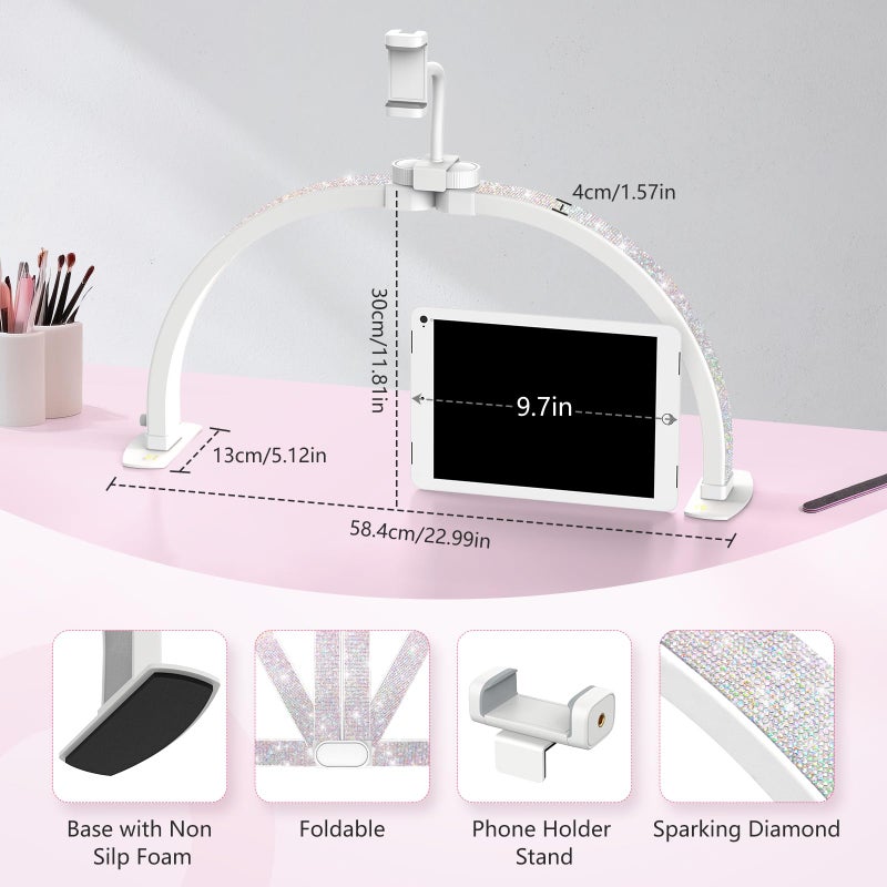 Yokilly Half Moon Light for Nail Desk: 23" Foldable Half Moon Desk Lamp with Phone Holder for Beginner - Arch Nail Tech Light with 3 Color Modes & 10 Brightness for Manicure Salon (Diamond, Small) - Image 4