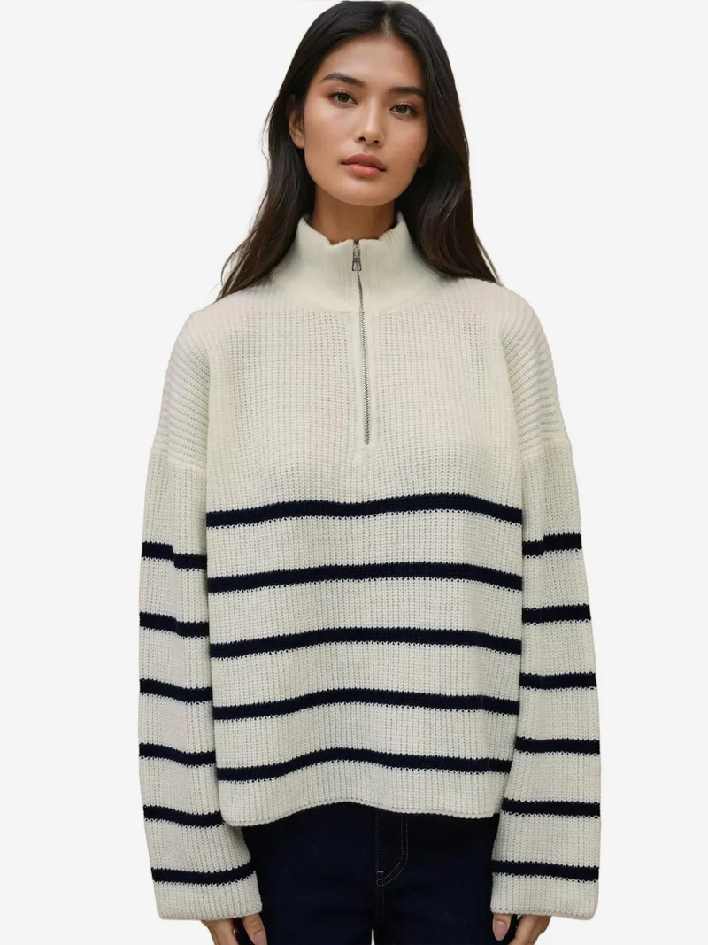HICCUP Striped Long Sleeve Zipper Collar Sweater
