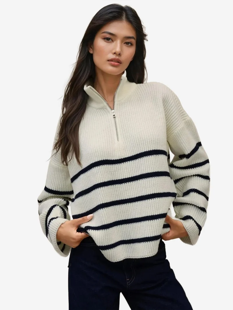HICCUP Striped Long Sleeve Zipper Collar Sweater