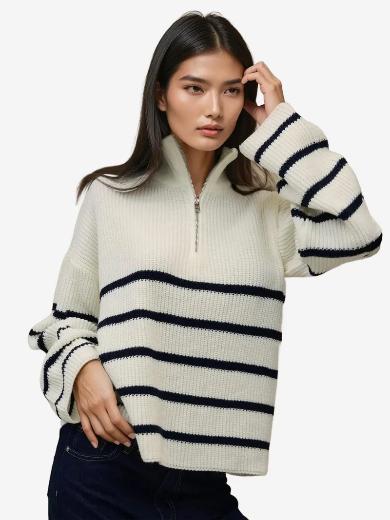 Hiccup White Striped Long Sleeve Zipper Collar Sweater for Women | Best Price UAE