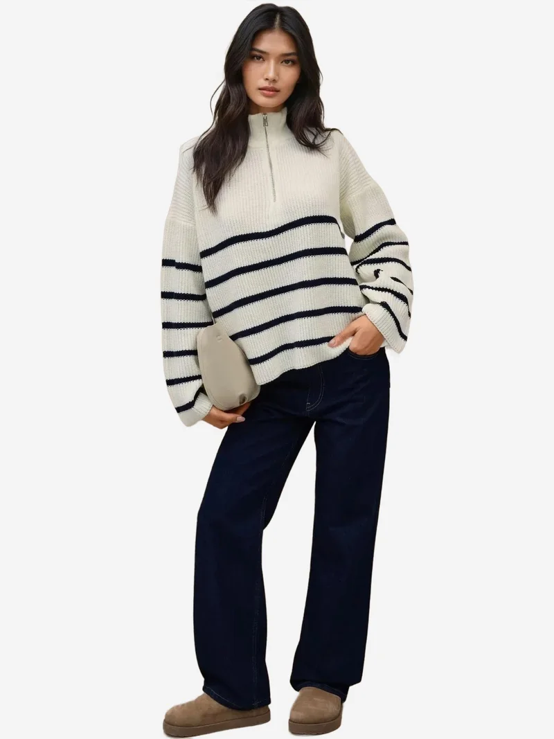 Hiccup White Striped Long Sleeve Zipper Collar Sweater for Women | Best Price UAE