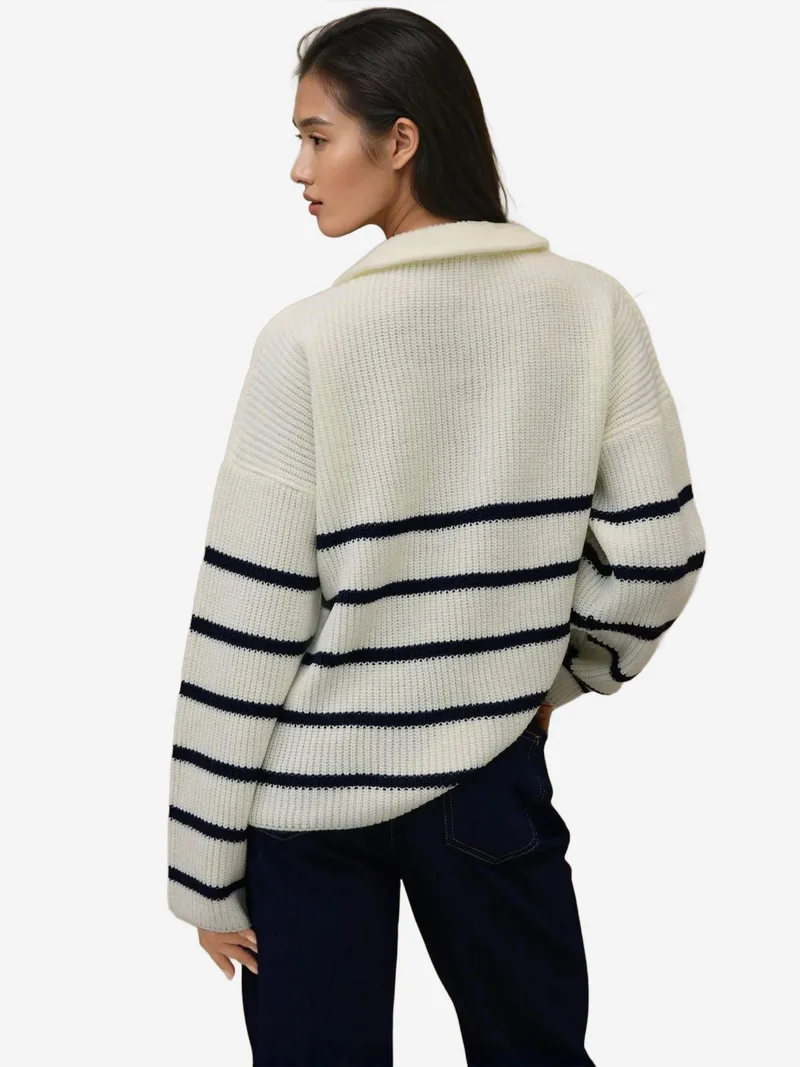 Hiccup White Striped Long Sleeve Zipper Collar Sweater for Women | Best Price UAE