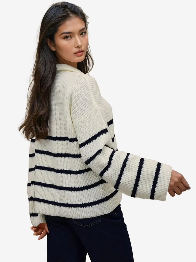 Hiccup White Striped Long Sleeve Zipper Collar Sweater for Women | Best Price UAE