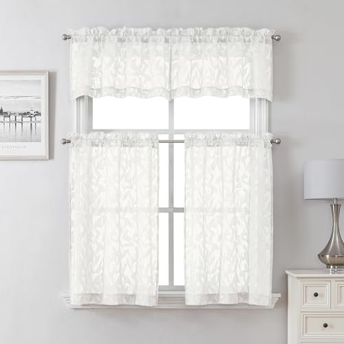 Lecloud Leia Sheer Ivory Window Curtains for Kitchen 14 Inch Length 2 PCS, Dual Rod Pockets Window Living Room Curtain Valance, Jacquard Clip Textured Leaf Short Bedroom Drapes, 40 W x 14 L - Image 2