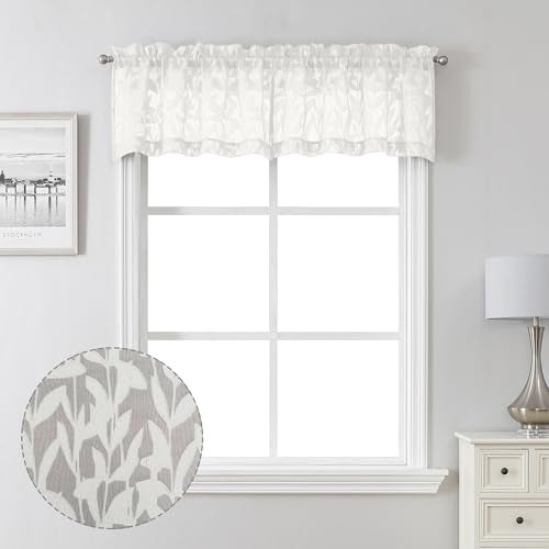 Lecloud Leia Sheer Ivory Window Curtains for Kitchen 14 Inch Length 2 PCS, Dual Rod Pockets Window Living Room Curtain Valance, Jacquard Clip Textured Leaf Short Bedroom Drapes, 40 W x 14 L - Image 1