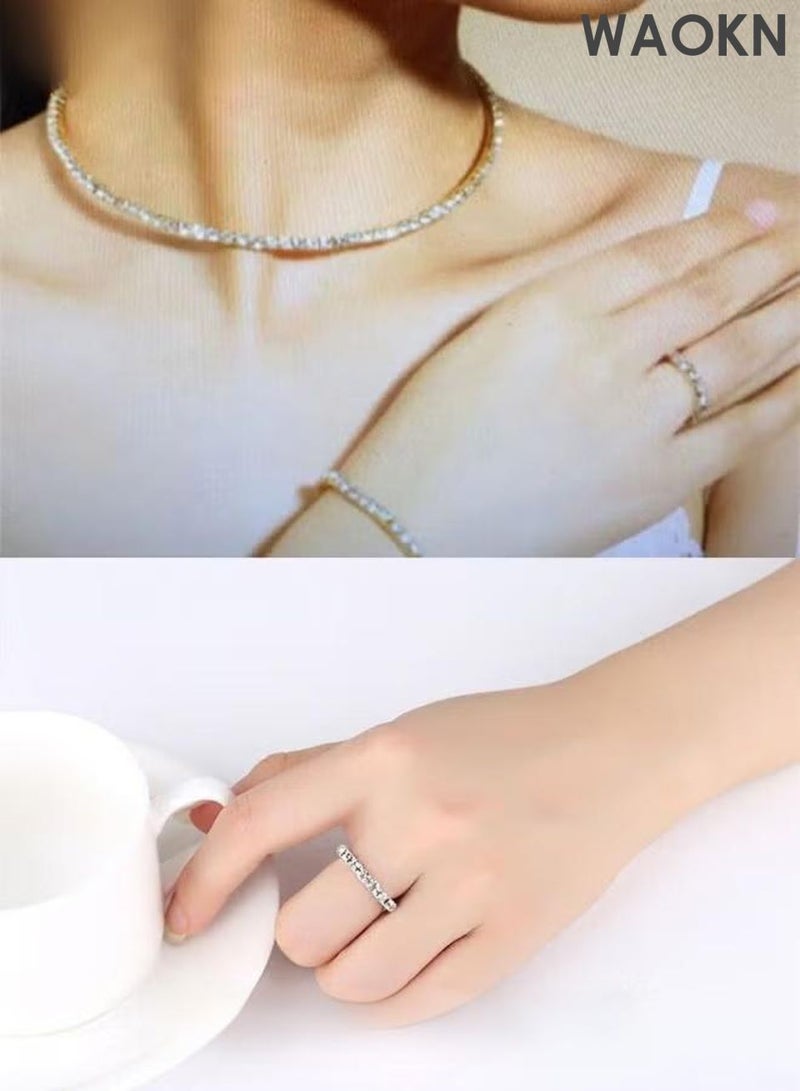WAOKN 4-Piece Set of Jewelry Diamond Necklace , Earrings Ring Bracelet European Style Elegant and Noble Jewelry Gift , Suitable for travel souvenirs, birthday gifts , Fashionable and trendy, classic and versatile , silvery . - Image 4
