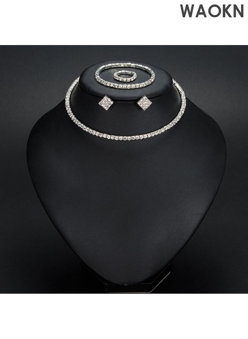 WAOKN 4-Piece Set of Jewelry Diamond Necklace , Earrings Ring Bracelet European Style Elegant and Noble Jewelry Gift , Suitable for travel souvenirs, birthday gifts , Fashionable and trendy, classic and versatile , silvery . - Image 1