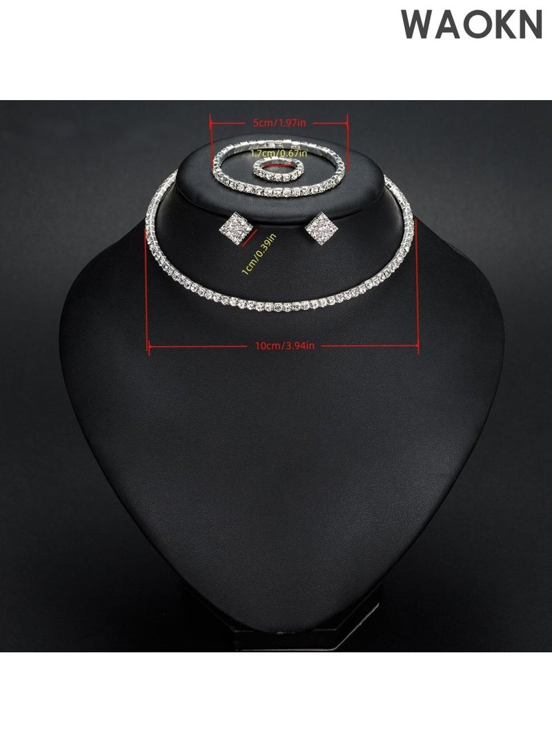 WAOKN 4-Piece Set of Jewelry Diamond Necklace , Earrings Ring Bracelet European Style Elegant and Noble Jewelry Gift , Suitable for travel souvenirs, birthday gifts , Fashionable and trendy, classic and versatile , silvery . - Image 5