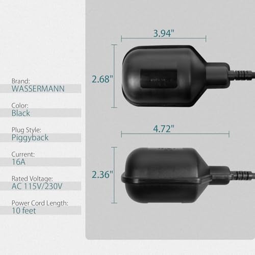 WASSERMANN Universal Tethered Sump Pump Float Switch with 10FT Cable (Piggyback Plug), AC 115V/230V 16Amps Float Switch for Water Tanks, Sump pump, Basement Sump basin, IP68 Waterproof, Black - Image 2