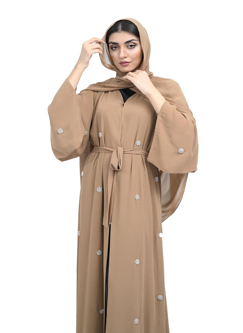 NUKHBAA - Luxury Dark Beige Double Chiffon Abaya with Beadwork includes Belt and Hijab-620 - Image 1