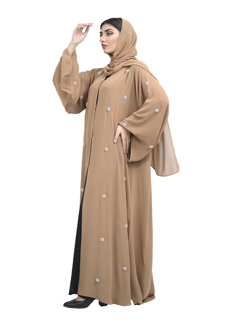 NUKHBAA - Luxury Dark Beige Double Chiffon Abaya with Beadwork includes Belt and Hijab-620 - Image 1