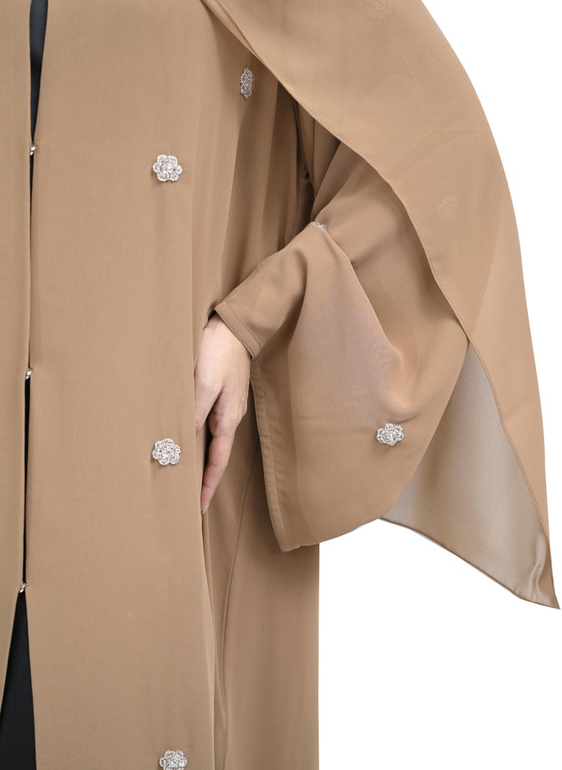 NUKHBAA - Luxury Dark Beige Double Chiffon Abaya with Beadwork includes Belt and Hijab-620 - Image 1