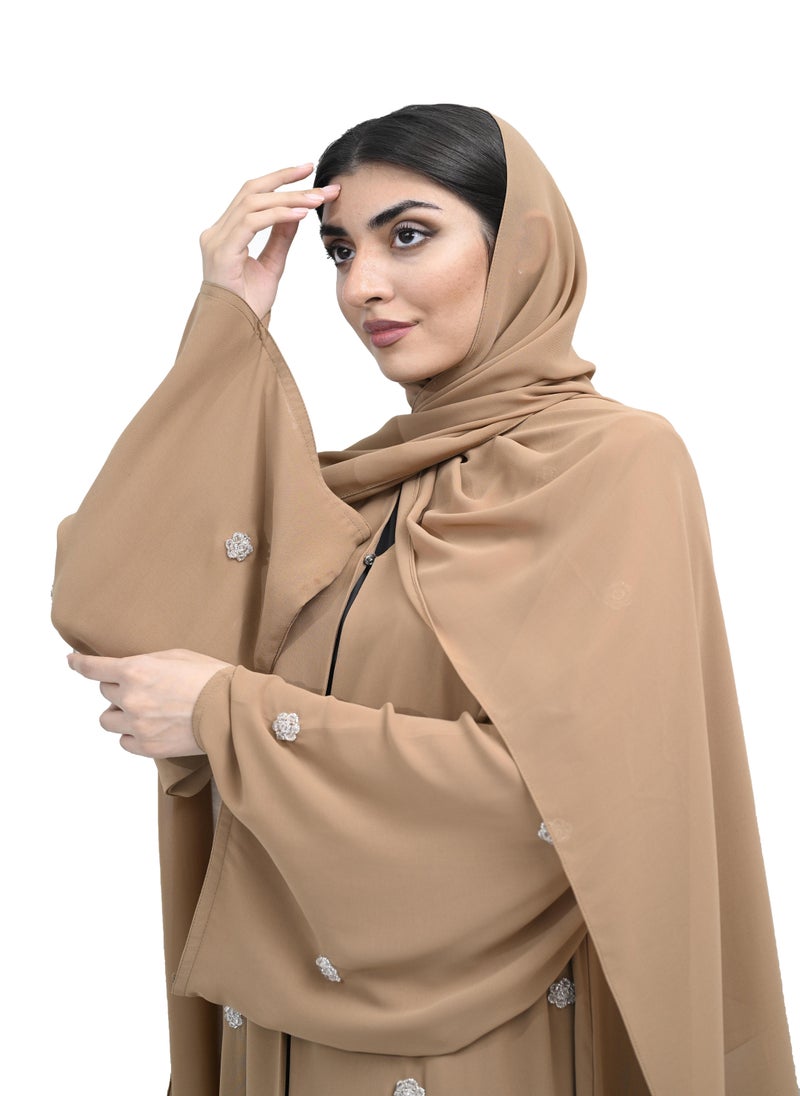 NUKHBAA - Luxury Dark Beige Double Chiffon Abaya with Beadwork includes Belt and Hijab-620 - Image 1