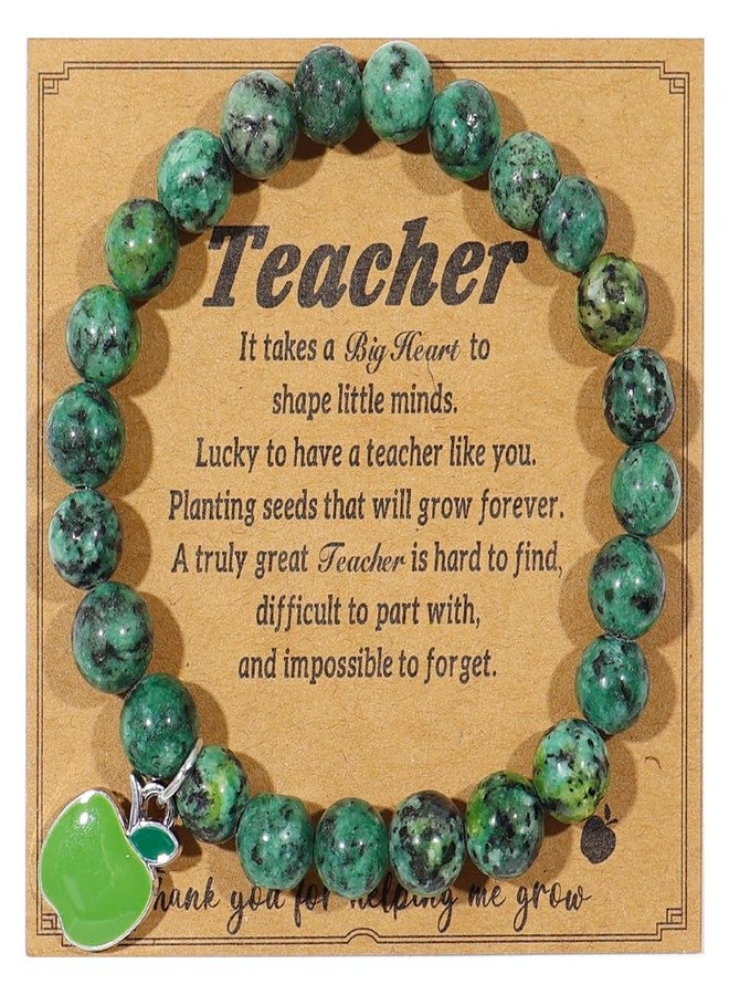 SCRDPRAD Teacher Appreciation Bracelet Gifts for Women Green apple Natural Stone Thank You Gifts Bracelet Inspirational Love Teach Gifts Teachers Day Thanksgiving Christmas Back To School Jewelry (Dark Green) - Image 1