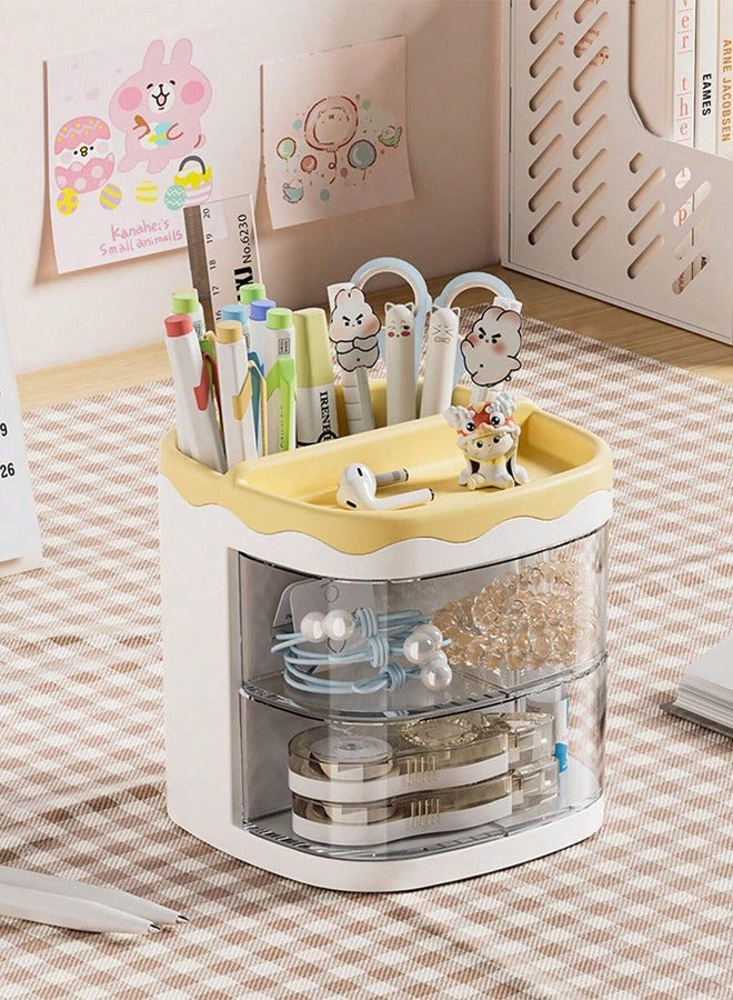 Occuwzz Desktop Pen Holder with Drawer – Multifunctional Pencil Organizer Storage Box for Office & Home, Stationery Holder for Desk (Yellow) - Image 1