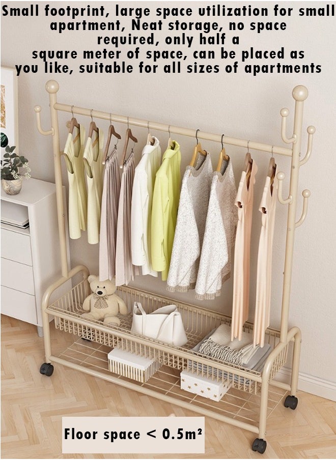 ZCM-HAPPY Double Layer Clothes Rack with Bottom Shoe Storage Shelf, Floor Standing, Moveable Coat Rack with Clothes Rod and Hanging Hooks, Cactus Style Design and Mobility Wheels for Household Indoor Use 80cm  - Image 3