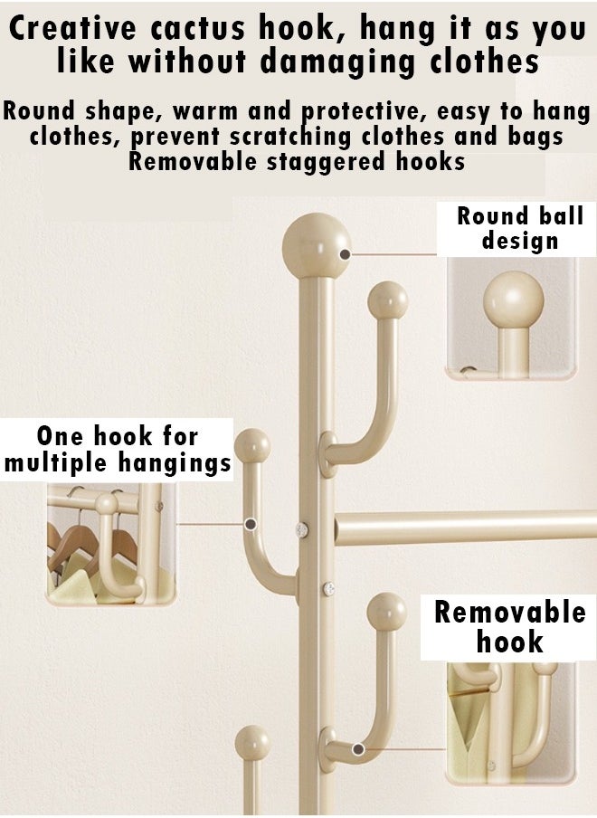 ZCM-HAPPY Double Layer Clothes Rack with Bottom Shoe Storage Shelf, Floor Standing, Moveable Coat Rack with Clothes Rod and Hanging Hooks, Cactus Style Design and Mobility Wheels for Household Indoor Use 80cm  - Image 4