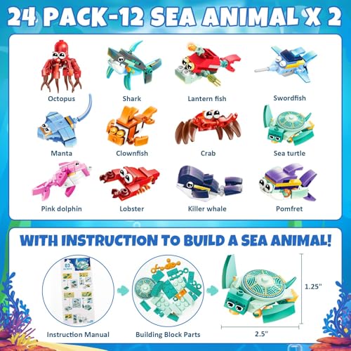 Qinline 24 Pack Easter Gifts for Kids Marine Animal Building Blocks Set with Gift Cards for Boys Girls Prefilled Easter Egg Fillers Party Favors Exchange Basket Stuffers for Kids School Classroom - Image 5