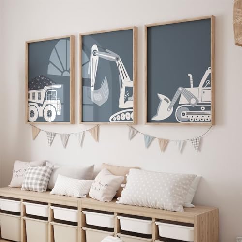 Youillne Construction Truck Wall Art Decor Toddler Boys Room Canvas Posters Tractor Vehicle Wall Art Nursery Pictures Prints Dump Truck Wall Art Kids Playroom Artwork for Bedroom 16x24 Inch Unframed Set of 3 - Image 1