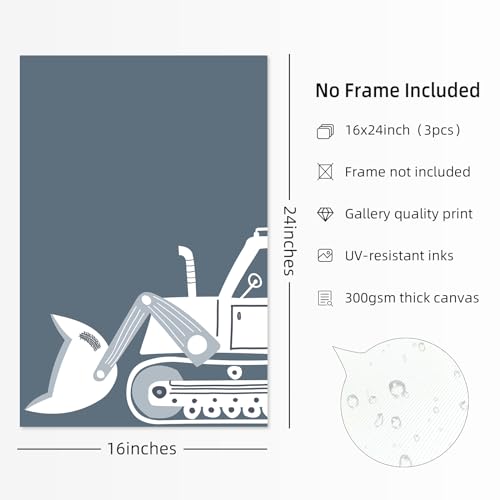 Youillne Construction Truck Wall Art Decor Toddler Boys Room Canvas Posters Tractor Vehicle Wall Art Nursery Pictures Prints Dump Truck Wall Art Kids Playroom Artwork for Bedroom 16x24 Inch Unframed Set of 3 - Image 3