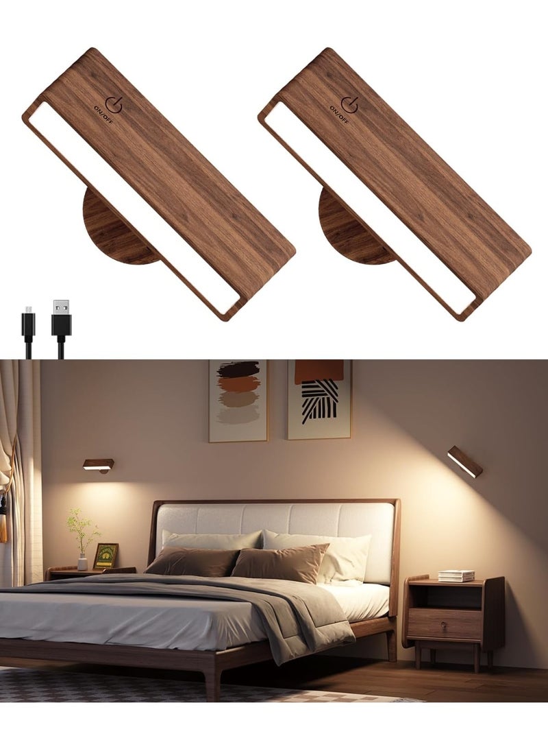 Arabest Battery Operated Wall Sconces Set of 2,Rechargeable Wall Lights Wood,Stick On Wall Lights for Bedroom,Wall Mounted Bedside Reading Lamps Dimmable,Battery Powered Wall Lamp for Bedroom - Image 1
