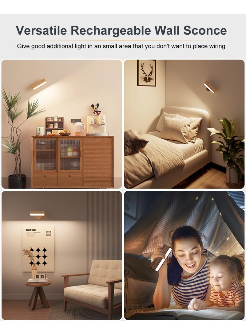 Arabest Battery Operated Wall Sconces Set of 2,Rechargeable Wall Lights Wood,Stick On Wall Lights for Bedroom,Wall Mounted Bedside Reading Lamps Dimmable,Battery Powered Wall Lamp for Bedroom - Image 3