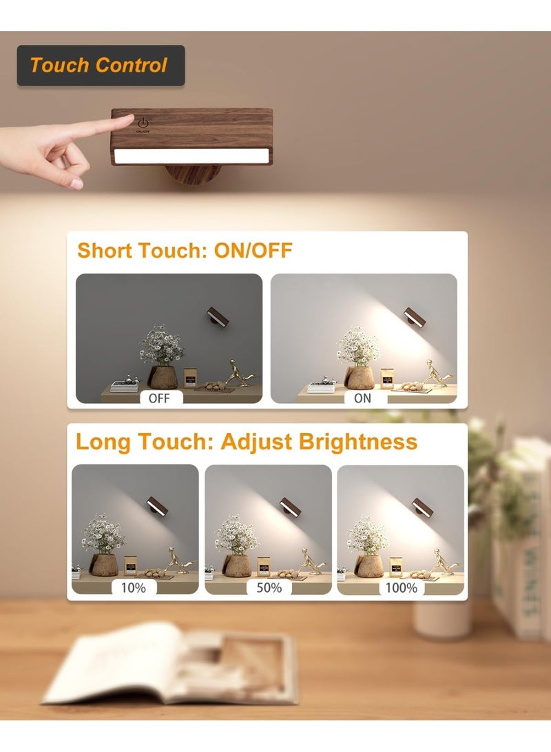 Arabest Battery Operated Wall Sconces Set of 2,Rechargeable Wall Lights Wood,Stick On Wall Lights for Bedroom,Wall Mounted Bedside Reading Lamps Dimmable,Battery Powered Wall Lamp for Bedroom - Image 4