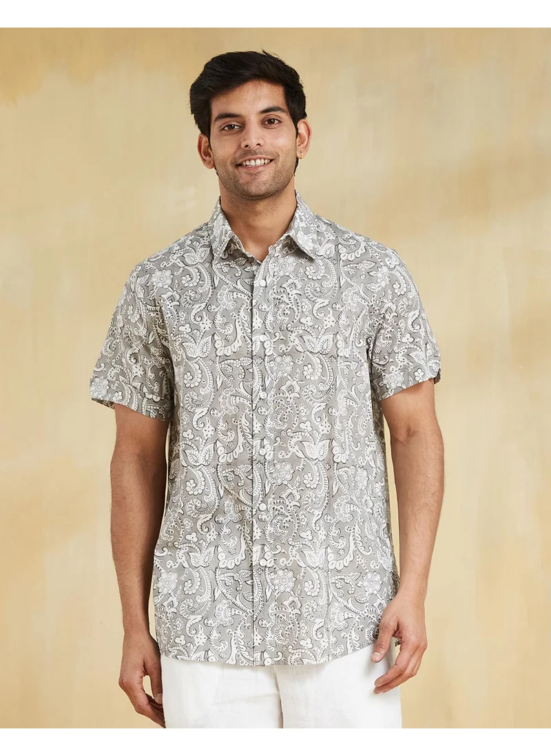 Fabindia Grey Cotton Hand Block Printed Shirt