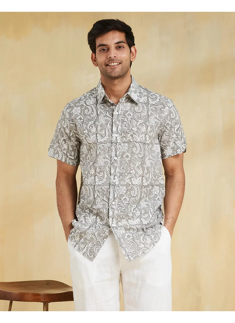 Fabindia Grey Cotton Hand Block Printed Shirt
