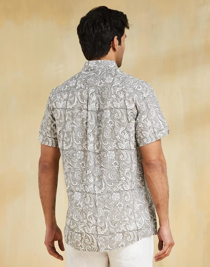 Fabindia Grey Cotton Hand Block Printed Shirt