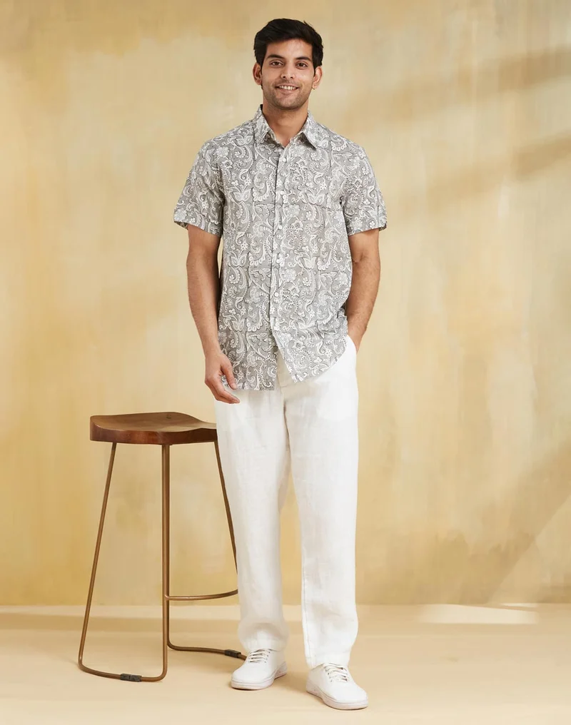 Fabindia Grey Cotton Hand Block Printed Shirt