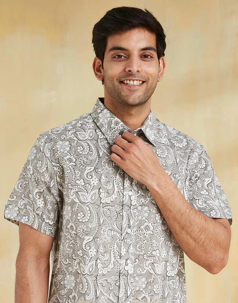 Fabindia Grey Cotton Hand Block Printed Shirt