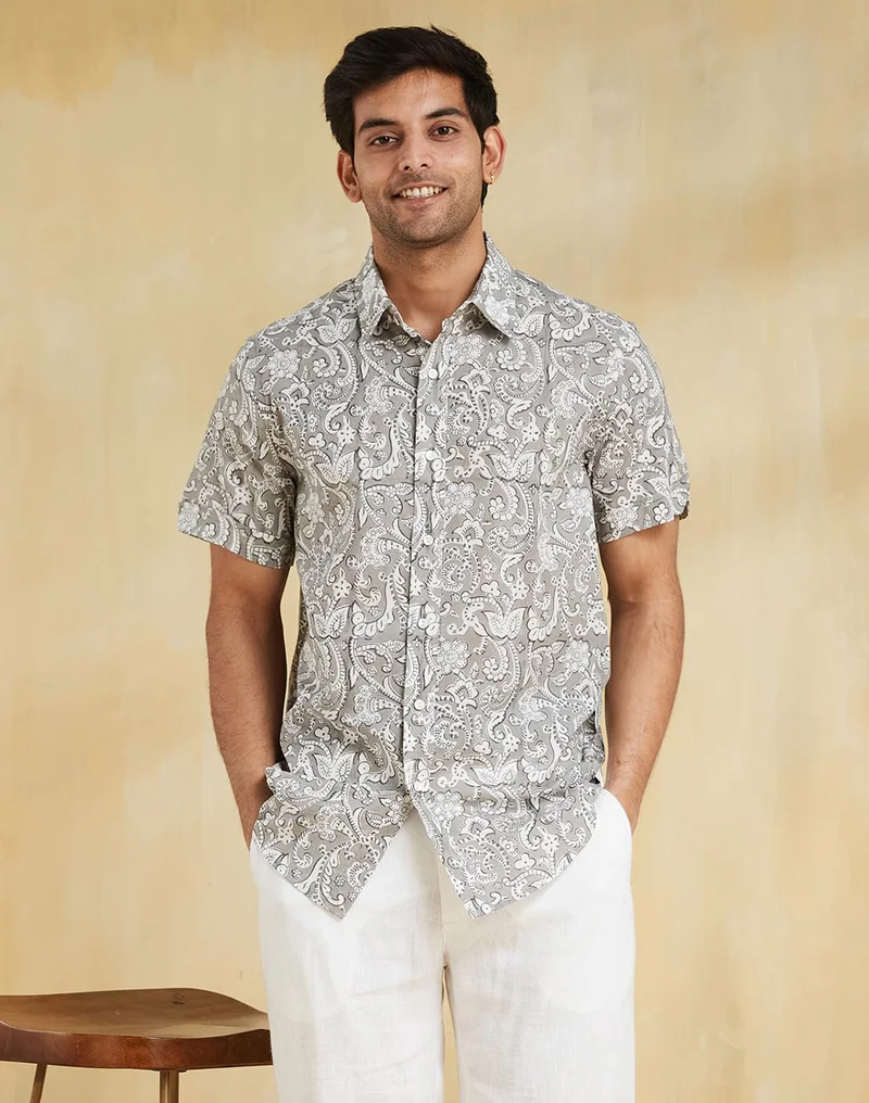 فاب انديا قميص قطني مطبوع يدويًا باللون الرمادي