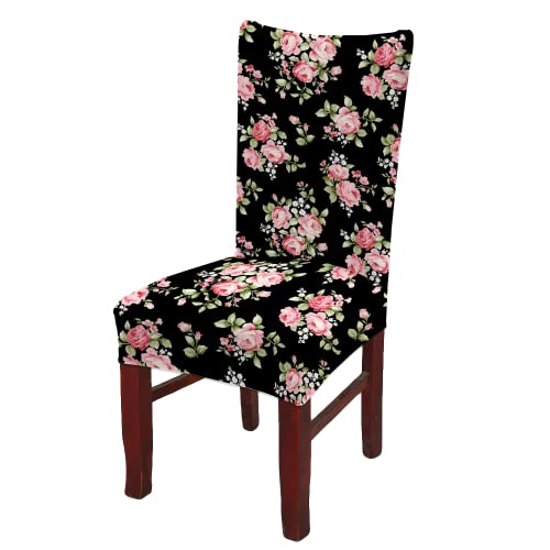 BRIDA® Stretchable Floral Printed Dining Chair Covers Elastic Chair Seat Case Protector, Slipcovers (4 Chair Cover, Black Pink), Polycotton Spandex - Image 4