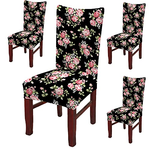 BRIDA® Stretchable Floral Printed Dining Chair Covers Elastic Chair Seat Case Protector, Slipcovers (4 Chair Cover, Black Pink), Polycotton Spandex - Image 1