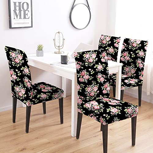 BRIDA® Stretchable Floral Printed Dining Chair Covers Elastic Chair Seat Case Protector, Slipcovers (4 Chair Cover, Black Pink), Polycotton Spandex - Image 2