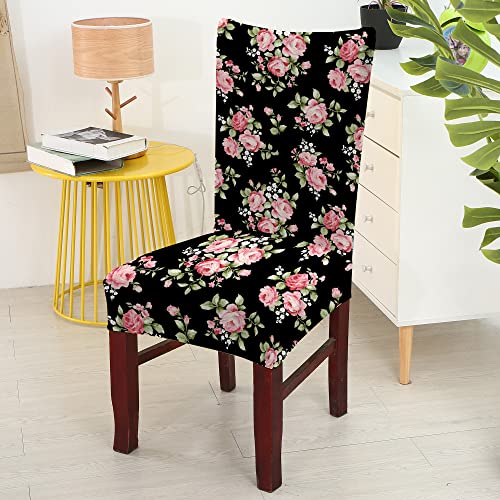 BRIDA® Stretchable Floral Printed Dining Chair Covers Elastic Chair Seat Case Protector, Slipcovers (4 Chair Cover, Black Pink), Polycotton Spandex - Image 3