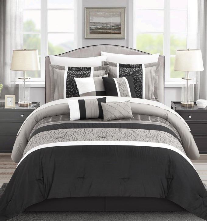 EUPHORIA 8PIECE EMBROIDERED COMFORTER SET EMBROIDERY PINTUCK BED SKIRT AND DECORATIVE PILLOWS SHAMS QUEEN BLACK