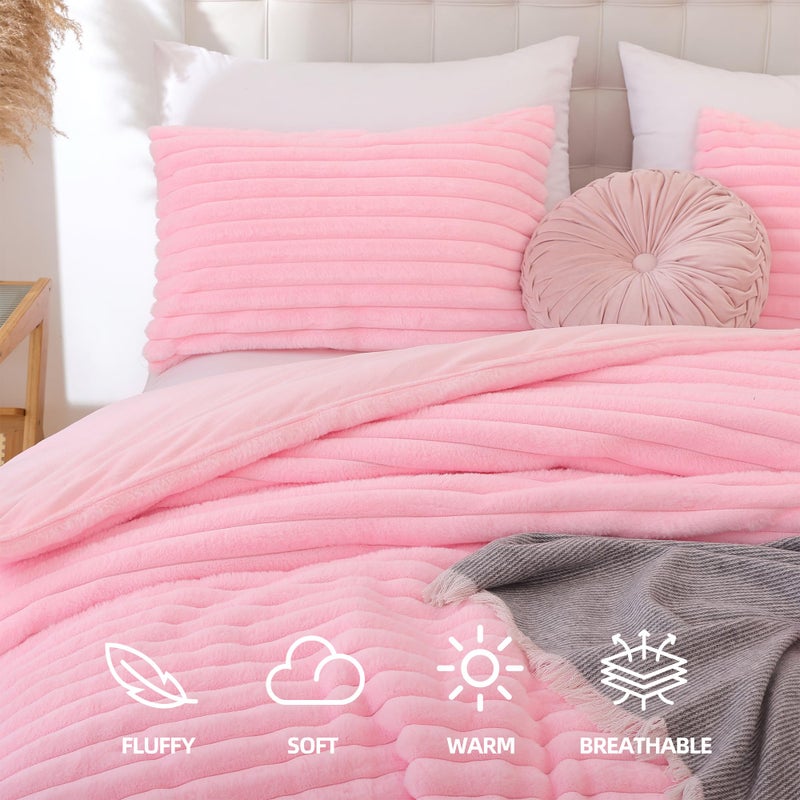 Smoofy Fluffy Full Size Comforter Sets 3 Pieces - Pink Fleece Fluffy Comforter Set, Luxury Fuzzy Full Bed Set, Soft Comforter Full Size All Season, Heavy Faux Fur Comforter with 2 Pillow Cases - Image 2