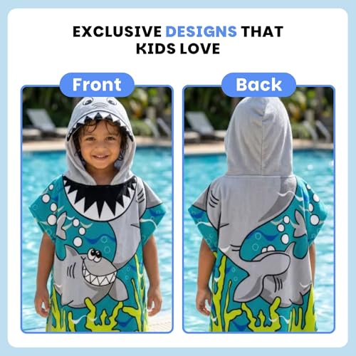 Famyo® Poncho Hooded Towel for Kids 1–7 Years | Quick Dry Kids Towel | Soft Lightweight Baby Wrap for Beach | 60 X 60Cm Toddler Pool Towel for Boys & Girls | Micro-Fiber Bath Towels | Shark - Image 3