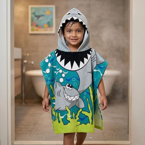 Famyo® Poncho Hooded Towel for Kids 1–7 Years | Quick Dry Kids Towel | Soft Lightweight Baby Wrap for Beach | 60 X 60Cm Toddler Pool Towel for Boys & Girls | Micro-Fiber Bath Towels | Shark - Image 1
