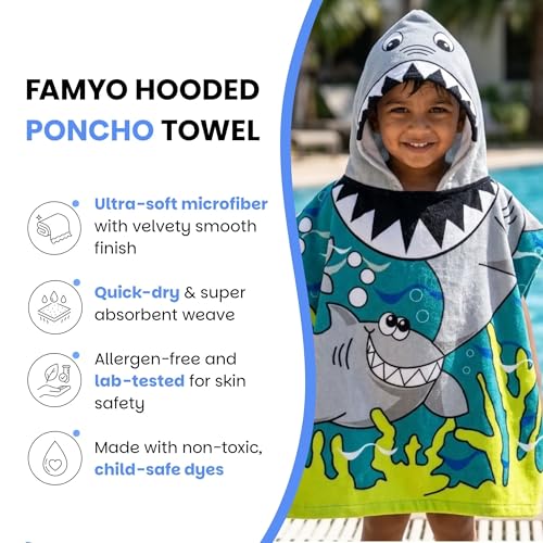 Famyo® Poncho Hooded Towel for Kids 1–7 Years | Quick Dry Kids Towel | Soft Lightweight Baby Wrap for Beach | 60 X 60Cm Toddler Pool Towel for Boys & Girls | Micro-Fiber Bath Towels | Shark - Image 2