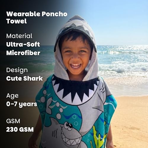 Famyo® Poncho Hooded Towel for Kids 1–7 Years | Quick Dry Kids Towel | Soft Lightweight Baby Wrap for Beach | 60 X 60Cm Toddler Pool Towel for Boys & Girls | Micro-Fiber Bath Towels | Shark - Image 4