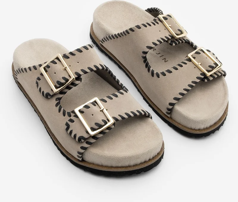 MARJIN Women's Leather Double Banded Rope Casual Slippers Hanset