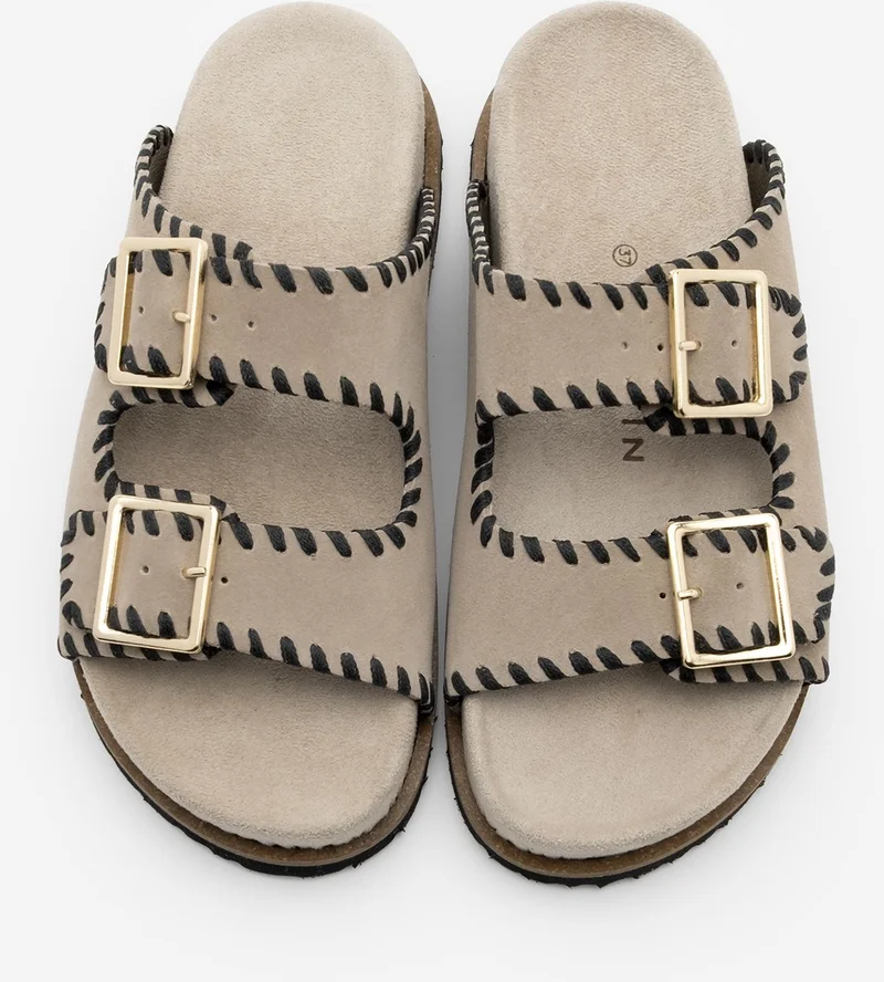MARJIN Women's Leather Double Banded Rope Casual Slippers Hanset