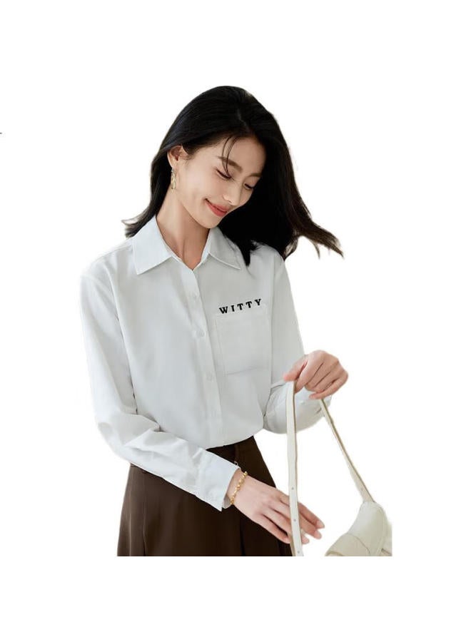 First Application Chushen Spring And Autumn Long Sleeve Shirt Women'S Student Solid Color Letter Turn-Down Collar Shirt All-Match Casual Commuting Top S143C2017 - Image 3