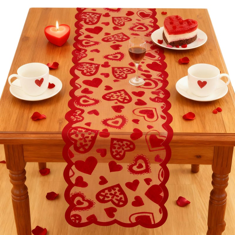 OHOME Valentines Day Decorations - Red Lace Table Runner | Valentines Day Decor Party Supplies Favors - Galentines Day Decorations Holiday Heart Table Cloth Centerpiece for Wedding Home Kitchen - Image 1