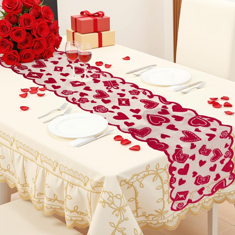 OHOME Valentines Day Decorations - Red Lace Table Runner | Valentines Day Decor Party Supplies Favors - Galentines Day Decorations Holiday Heart Table Cloth Centerpiece for Wedding Home Kitchen - Image 3