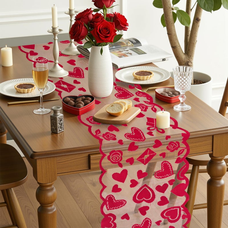 OHOME Valentines Day Decorations - Red Lace Table Runner | Valentines Day Decor Party Supplies Favors - Galentines Day Decorations Holiday Heart Table Cloth Centerpiece for Wedding Home Kitchen - Image 5