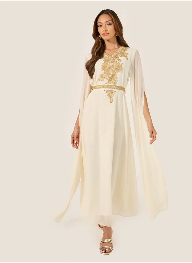 Styli Lace Detail V-Neck A-Line Belted Kaftan